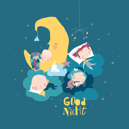 Cute cartoon children sleeping on clouds. Sweet dreamsのイラスト素材