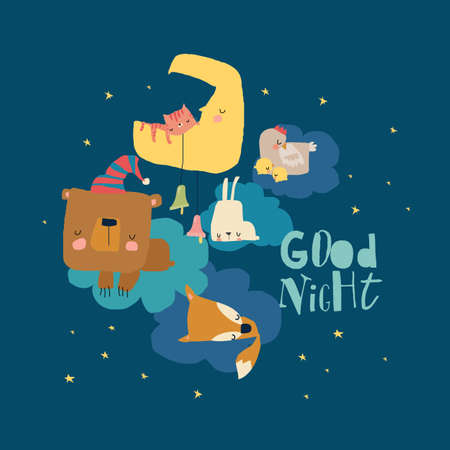 Cute cartoon animals sleeping on clouds. Sweet dreamsのイラスト素材