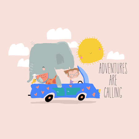 Cute Elephant and little girl traveling in carのイラスト素材