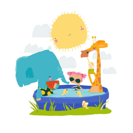 Happy animals and girl relaxing in swimming pool. Hello summerのイラスト素材