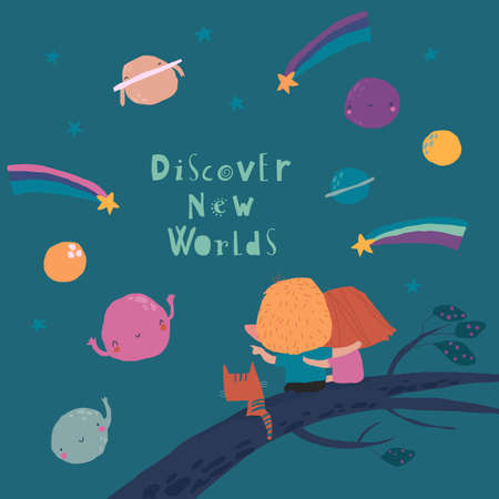 Cartoon couple watching the stars and planetsのイラスト素材