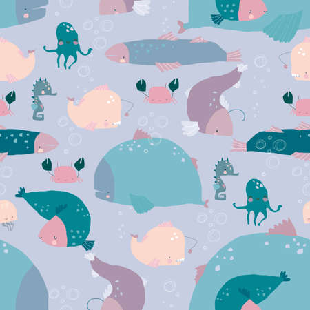 Seamless Pattern with Fishes on blue Backgroundのイラスト素材