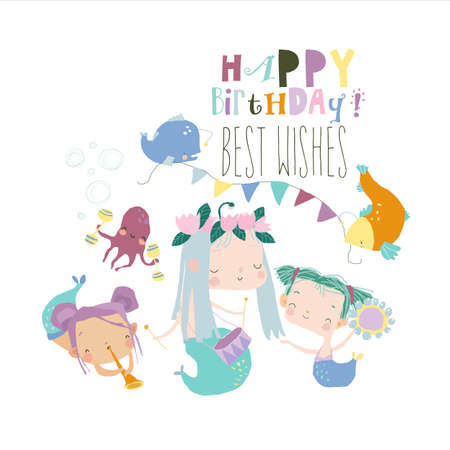 Cartoon Funny Mermaids with Fishes celebrating Birthdayのイラスト素材
