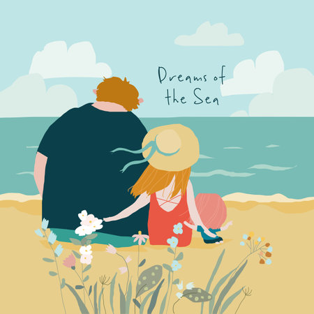 Cute Family sitting on Seaside and seeing on the Seaのイラスト素材