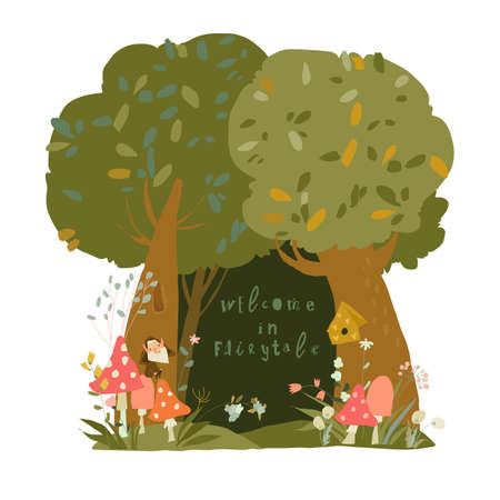 A beautiful woodland summer scene with trees and grass and space in the centreのイラスト素材
