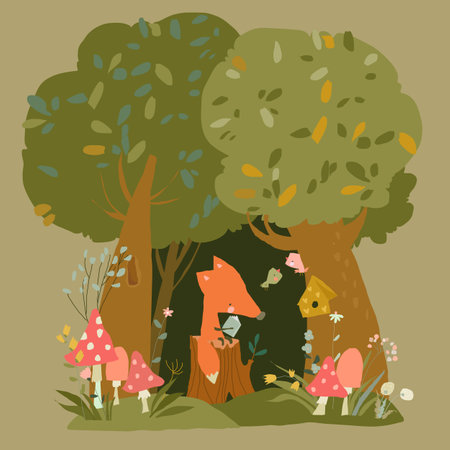 Little Red Fox reading Book in Summer Forestのイラスト素材