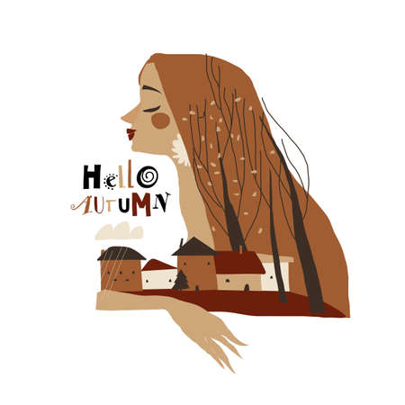 Autumn Illustration with Beautiful Woman and Little Village in the Forestのイラスト素材