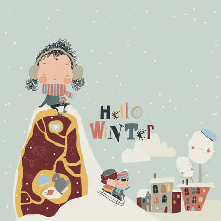 Cute Cartoon Girl sitting on Hillock and meeting Winterのイラスト素材
