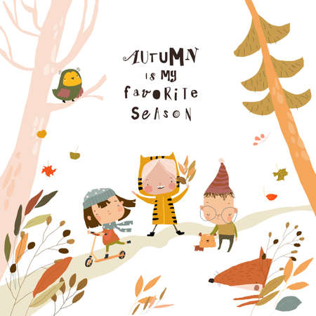 Cute Cartoon Children having fun in Autumn Forestのイラスト素材