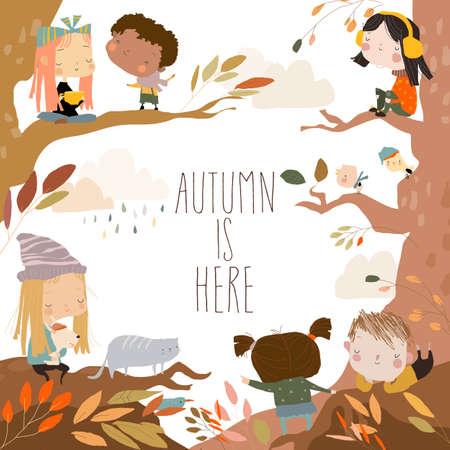Cute Cartoon Children having fun in Autumn Forestのイラスト素材