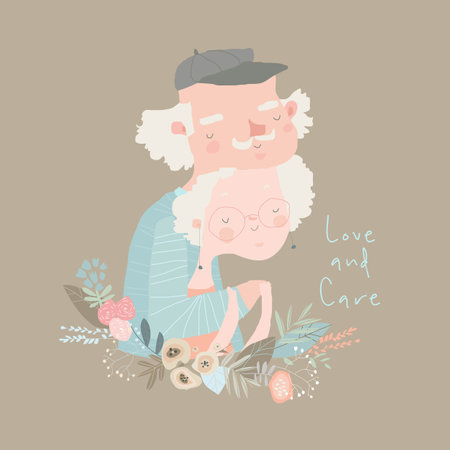Cute Cartoon Illustration with Grandparents in Loveのイラスト素材