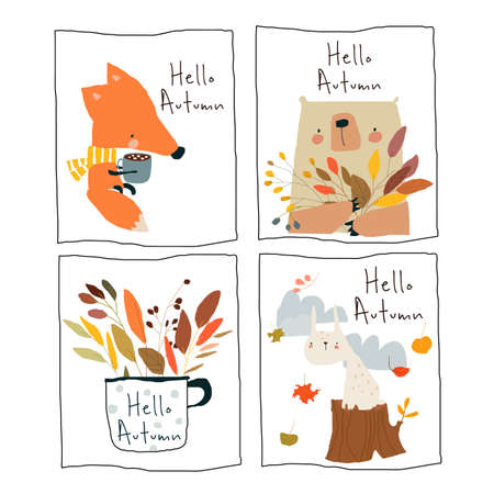 Four Little Illustration with Funny Cartoon Animals meeting Autumnのイラスト素材