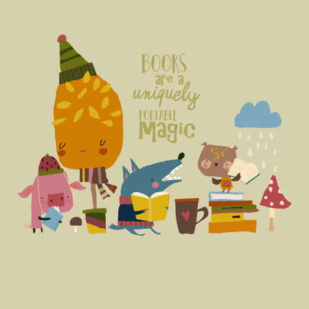 Cute Animals reading Books in Autumn Forestのイラスト素材