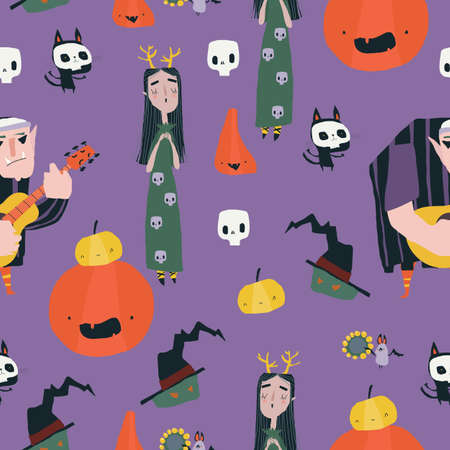Seamless Pattern with Crazy Music Party with Band of Cartoon Halloween Charactersのイラスト素材