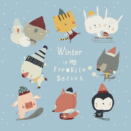 Set of Cartoon Cute Animals doing Winter Sportのイラスト素材