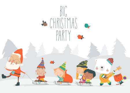 Cartoon Santa Claus going to Big Party with Happy Kids and Animalsのイラスト素材