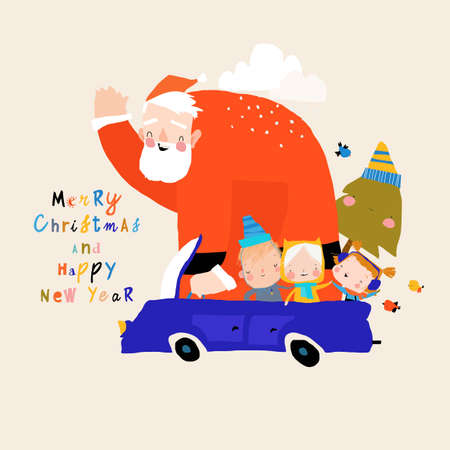 Cartoon Santa Claus driving by Car with Happy Childrenのイラスト素材
