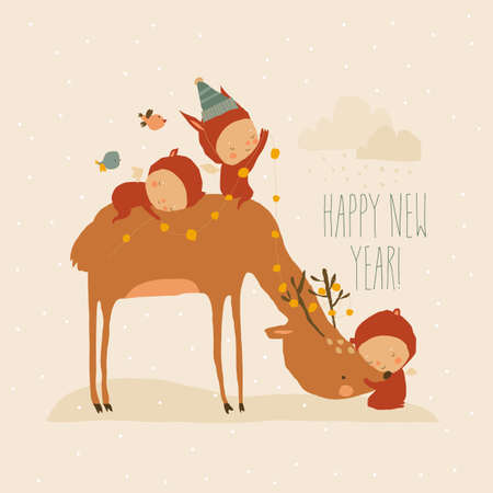 Cartoon Little Angels celebrating Holiday with Cute Deerのイラスト素材
