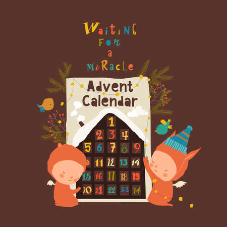 Cartoon Little Angels with Advent Calendar and Garlandのイラスト素材