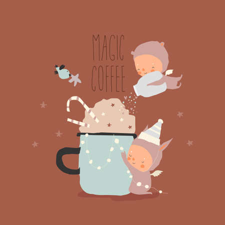 Cute Cartoon Little Angels making Magic Christmas Coffeeのイラスト素材