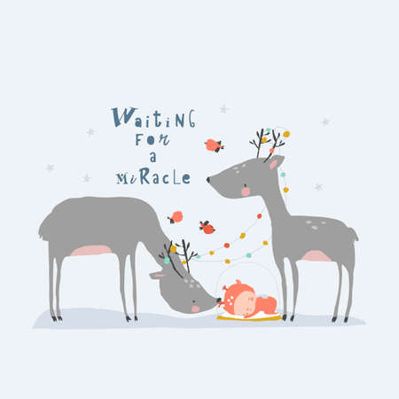 Cartoon Cute Reindeers with Sleeping Angel. Merry Christmasのイラスト素材