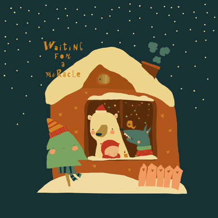 Cute Cartoon Animals with Angel celebrating Christmas in Little Houseのイラスト素材