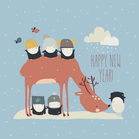 Cartoon Funny Penguins celebrating Holiday with Cute Deerのイラスト素材
