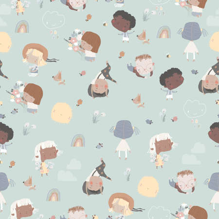 Seamless Pattern with Happy Children enjoying Springのイラスト素材