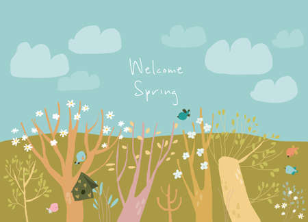 Cartoon Blossom Trees in the Spring Gardenのイラスト素材
