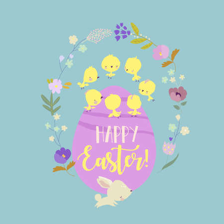 Cute Cartoon Illustration with Easter Egg and Chicks