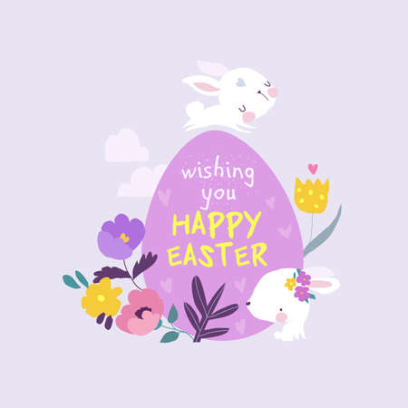 Cute Easter Bunnies and Easter Egg. Happy Holidaysのイラスト素材