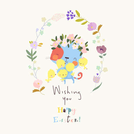 Funny Cat hugging Little Chicks in Floral Wreath