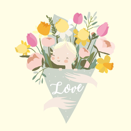Mother holding Bouquet of Spring Flowers with Cute Babyのイラスト素材