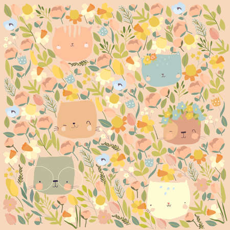 Cute Cartoon Cats Heads with Spring Flowersのイラスト素材