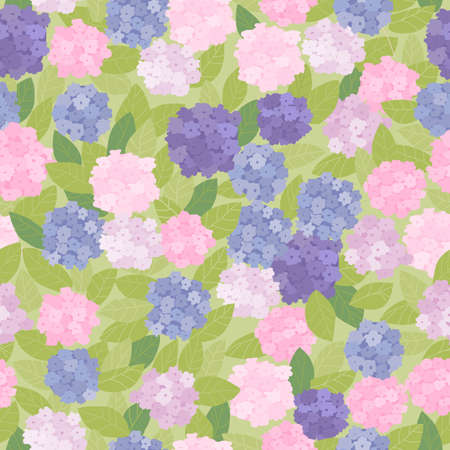 Seamless Pattern with Hydrangea Flowers, Petals and Leaves on Green Backgroundのイラスト素材