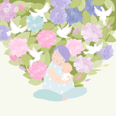 Happy Cartoon Mother hugging Baby in Hydrangea Flowersのイラスト素材