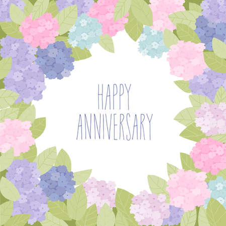 Cute Frame with Hydrangea Flowers, Petals and Leaves on White Backgroundのイラスト素材