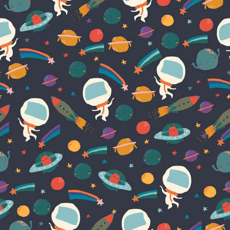 Cartoon Seamless Pattern with Planets,Stars and Astronautsのイラスト素材