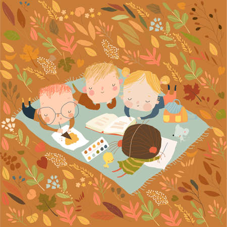 Cute Cartoon Kids reading Book on Meadow with Autumnal Leavesのイラスト素材
