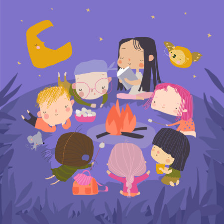 Kids sitting Around Bonfire and roasting Marshmallowsのイラスト素材