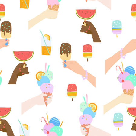 Seamless Pattern with Hands holding Ice Cream on White Backgroundのイラスト素材