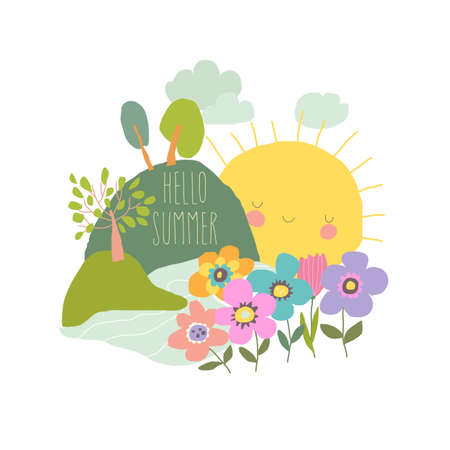 Cute Cartoon Summer Landscape with Sun, Flowers and Treesのイラスト素材