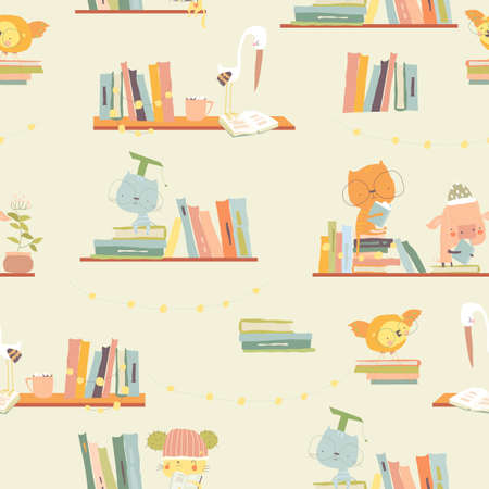 Seamless Pattern with Cute Animals reading Books on Bookshelvesのイラスト素材