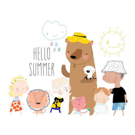 Cartoon Happy Children and Animals meeting Summer on White Backgroundのイラスト素材