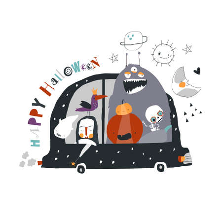 Cartoon Crazy Halloween Monsters travelling by Carのイラスト素材