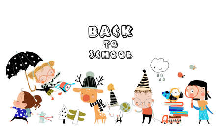 Happy Cartoon Children and Animals back to Schoolのイラスト素材