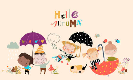 Happy Cartoon Kids meeting Autumn with Color Umbrellasのイラスト素材