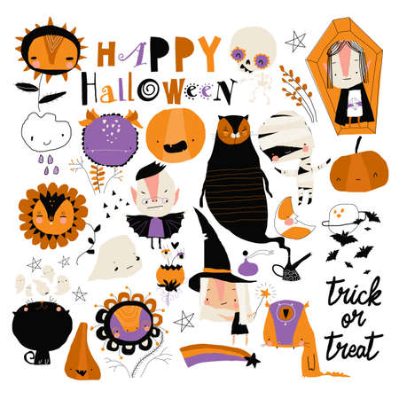 Set Of Different Halloween Elements And Charactersのイラスト素材
