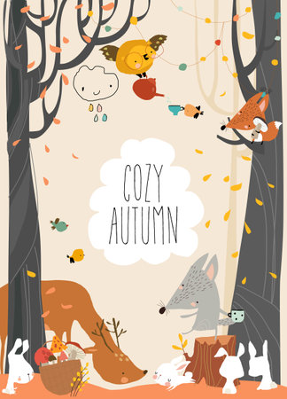 Cartoon Autumn Illustration with Funny Animals in the Forestのイラスト素材