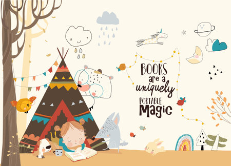 Cute Girl reading Book with Animals in a Teepee Tent in Autumn Parkのイラスト素材